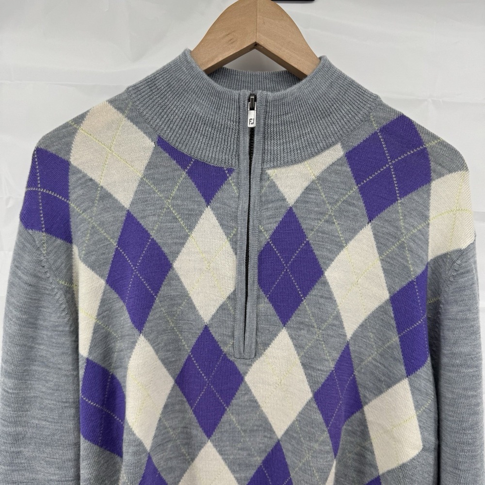 FootJoy‎ Sweater Mens Sz L Purple Gray Argyle Diamond 100% Wool 1/4 Quarter Zip
